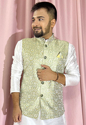 Woven Art Silk Jacquard Nehru Jacket in Pastel Green