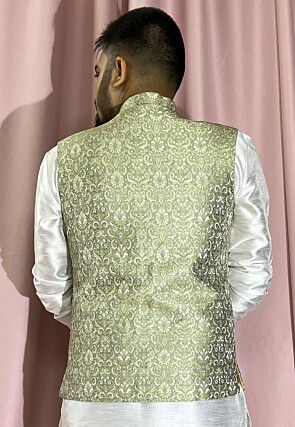 Woven Art Silk Jacquard Nehru Jacket in Pastel Green