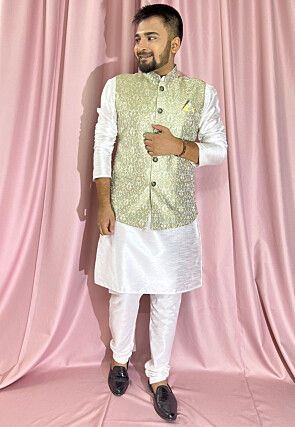 Woven Art Silk Jacquard Nehru Jacket in Pastel Green