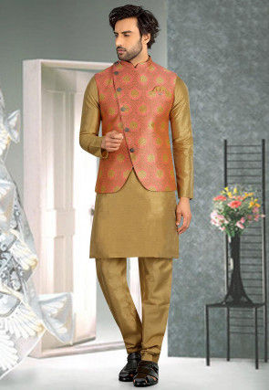 Woven Art Silk Jacquard Nehru Jacket in Peach