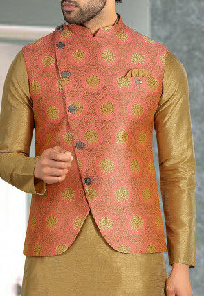 Woven Art Silk Jacquard Nehru Jacket in Peach