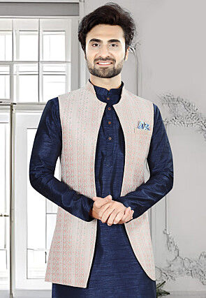 Woven Art Silk Jacquard Nehru Jacket in Peach