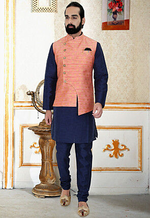 Woven Art Silk Jacquard Nehru Jacket in Peach