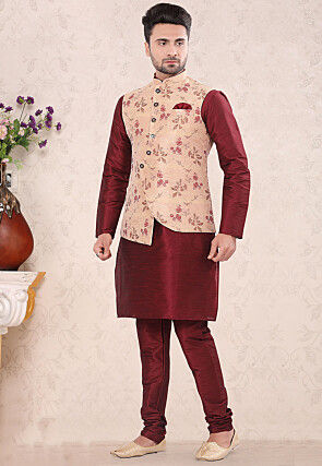Woven Art SIlk Jacquard Nehru Jacket in Peach
