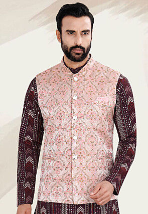 Woven Art Silk Jacquard Nehru Jacket in Peach