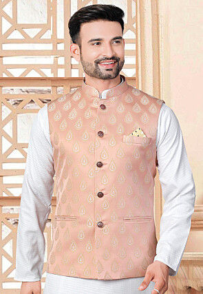 Woven Art Silk Jacquard Nehru Jacket in Peach