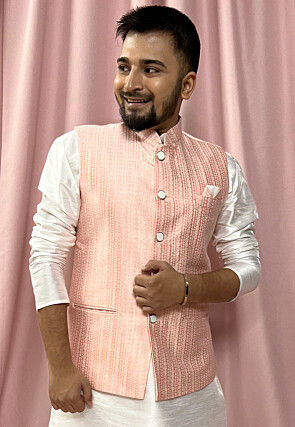 Woven Art Silk Jacquard Nehru Jacket in Peach