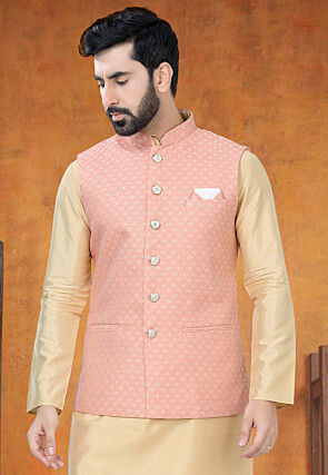 Woven Art Silk Jacquard Nehru Jacket in Peach