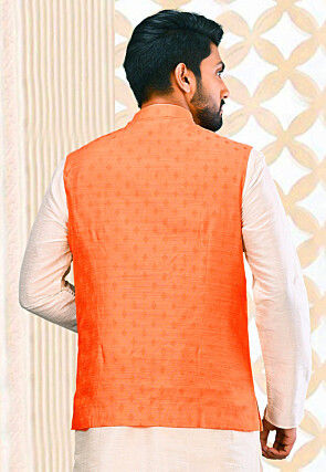 Woven Art Silk Jacquard Nehru Jacket in Peach