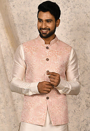 Woven Art Silk Jacquard Nehru Jacket in Pink and Off White