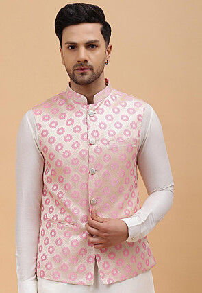 Viscose Cream Kurta with Pant Style Pajama and Sequins Embroidery Cotton  Blend Pink Nehru Jacket | Exotic India Art
