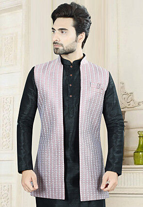 Woven Art Silk Jacquard Nehru Jacket in Pink