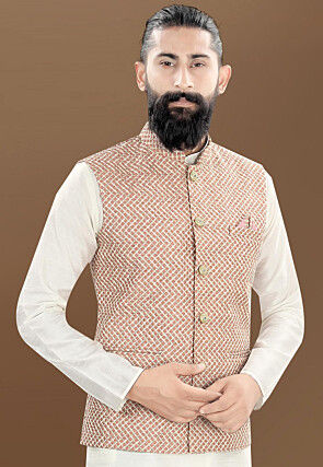 Woven Art Silk Jacquard Nehru Jacket in Pink
