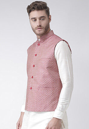 Woven Art Silk Jacquard Nehru Jacket in Pink