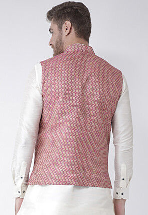 Woven Art Silk Jacquard Nehru Jacket in Pink