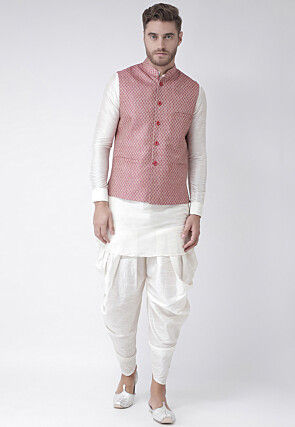 Woven Art Silk Jacquard Nehru Jacket in Pink