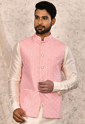 Woven Art Silk Jacquard Nehru Jacket in Pink