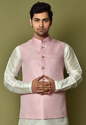 Woven Art Silk Jacquard Nehru Jacket in Pink