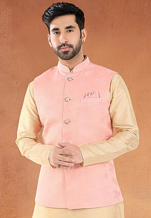 Woven Art Silk Jacquard Nehru Jacket in Pink