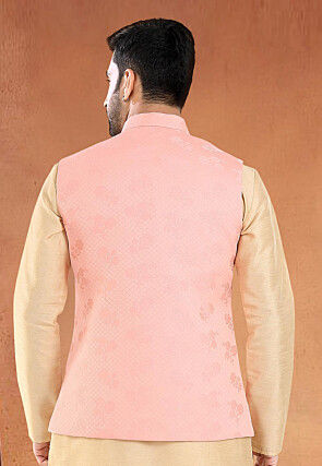 Woven Art Silk Jacquard Nehru Jacket in Pink