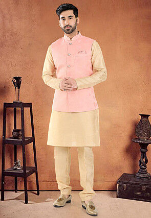 Woven Art Silk Jacquard Nehru Jacket in Pink