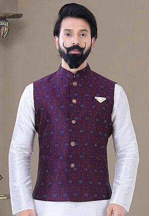 Woven Art Silk Jacquard Nehru Jacket in Purple