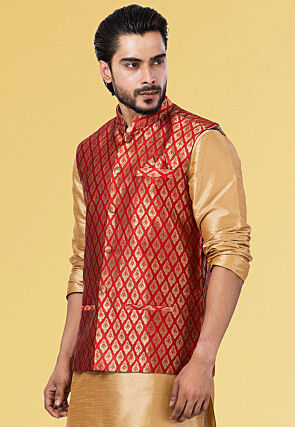 Woven Art Silk Jacquard Nehru Jacket in Red