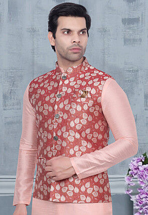 Woven Art Silk Jacquard Nehru Jacket in Red