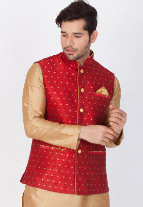 Woven Art Silk Jacquard Nehru Jacket in Red