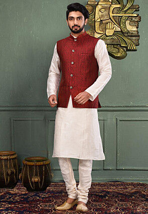 Woven Art Silk Jacquard Nehru Jacket in Red