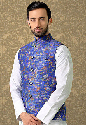 Woven Art Silk Jacquard Nehru Jacket in Royal Blue