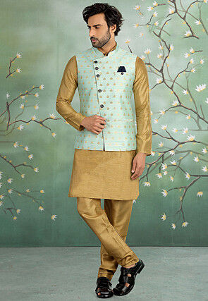 Woven Art Silk Jacquard Nehru Jacket in Sea Green