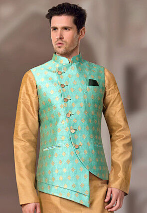 Woven Art Silk Jacquard Asymmetric Nehru Jacket in Sea Green