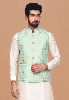 Woven Art Silk Jacquard Nehru Jacket in Sea Green
