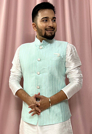 Woven Art Silk Jacquard Nehru Jacket in Sea Green