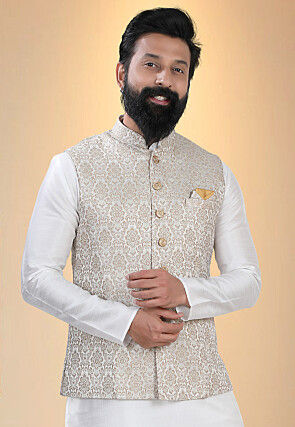 Woven Art Silk Jacquard Nehru Jacket in Silver