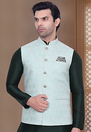 Woven Art Silk Jacquard Nehru Jacket in Sky Blue