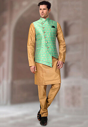 Woven Art Silk Jacquard Nehru Jacket in Teal Green