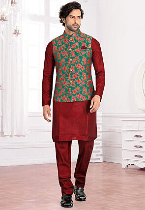 Woven Art Silk Jacquard Nehru Jacket in Teal Green