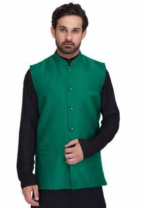 Woven Art Silk Jacquard Nehru Jacket in Teal Green