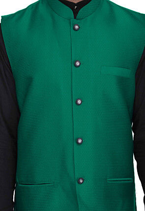 Woven Art Silk Jacquard Nehru Jacket in Teal Green