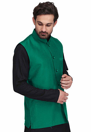 Woven Art Silk Jacquard Nehru Jacket in Teal Green
