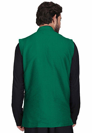 Woven Art Silk Jacquard Nehru Jacket in Teal Green