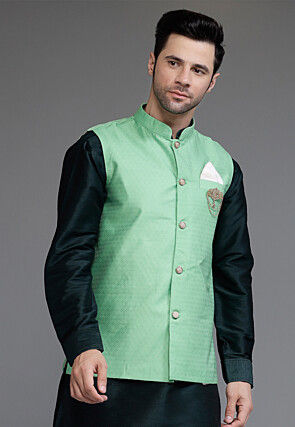 Woven Art Silk Jacquard Nehru Jacket in Teal Green