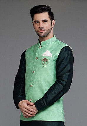 Woven Art Silk Jacquard Nehru Jacket in Teal Green