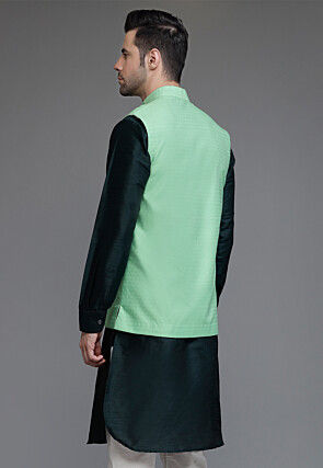 Woven Art Silk Jacquard Nehru Jacket in Teal Green