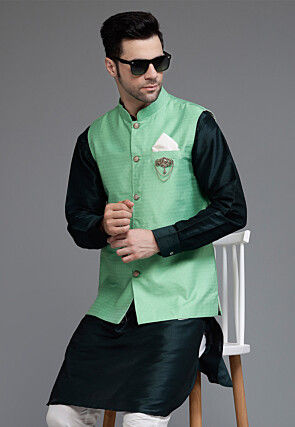 Woven Art Silk Jacquard Nehru Jacket in Teal Green