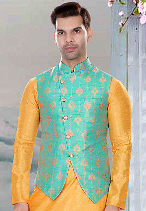 Woven Art Silk Jacquard Nehru Jacket in Turquoise