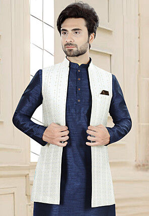 Woven Art Silk Jacquard Nehru Jacket in White