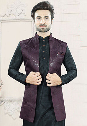 Woven Art Silk Jacquard Nehru Jacket in Wine